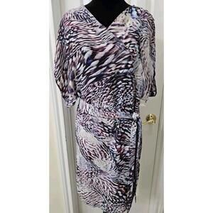 Escada Silk Wrap‎ Dress 8 Belted Ruched Sleeve Purple Animal Print